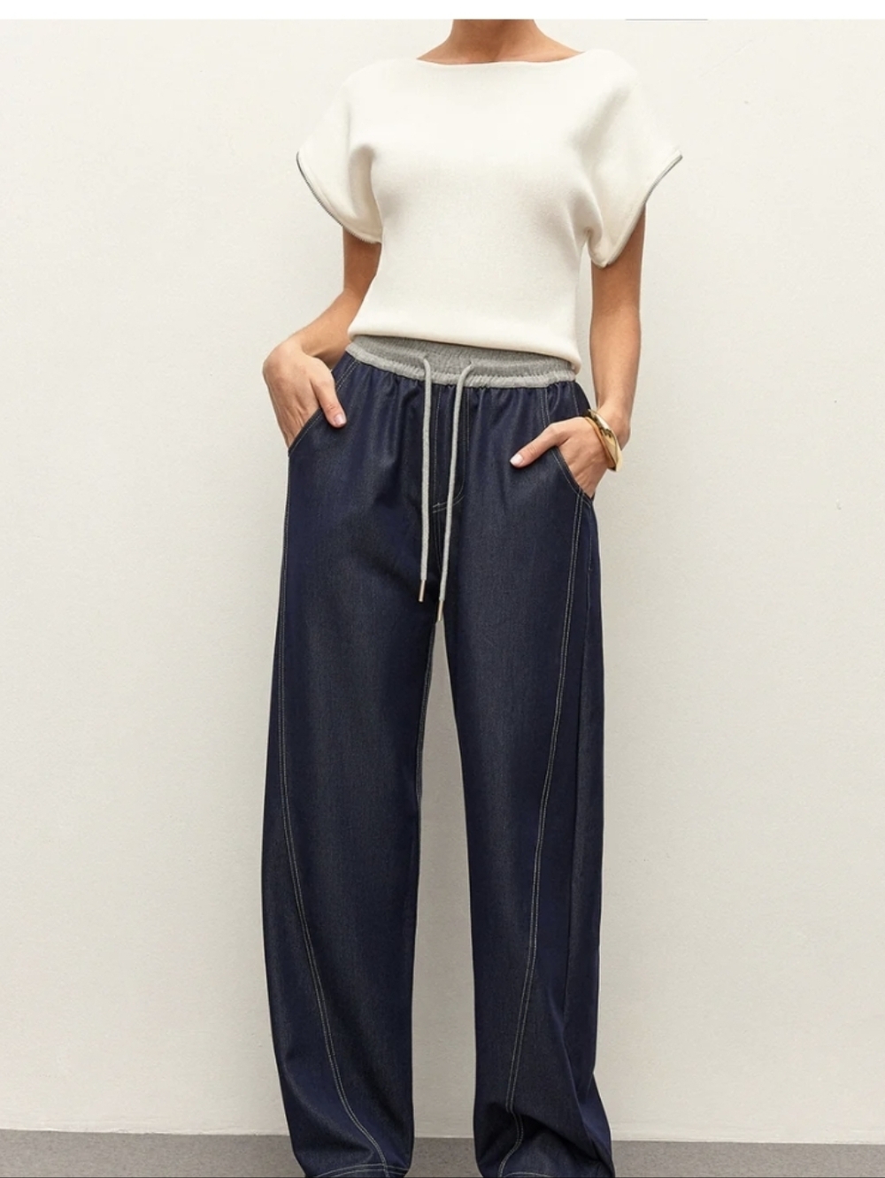 Commense High Waist Drawstring Denium Pants Pockets M